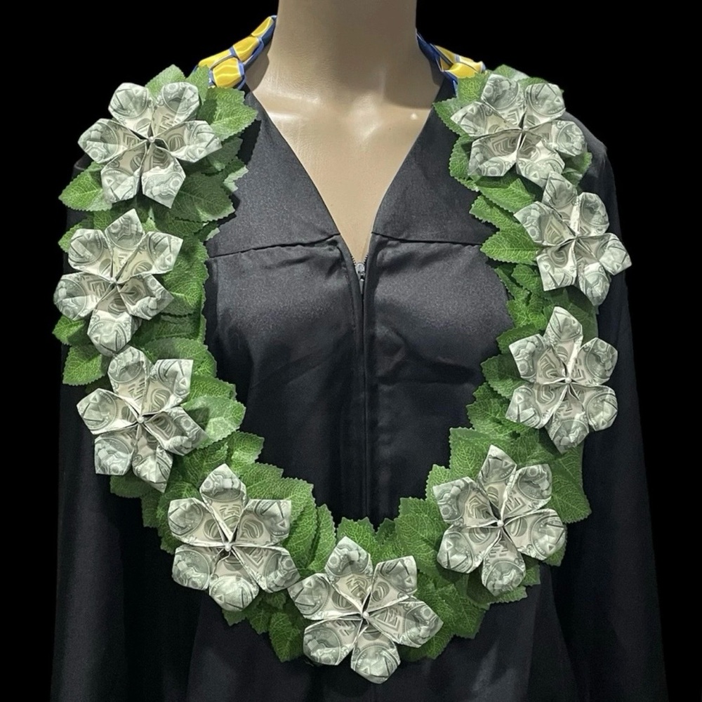 Handmade Money Flower Graduation Lei Blue & Yellow Braid with Green Leaves